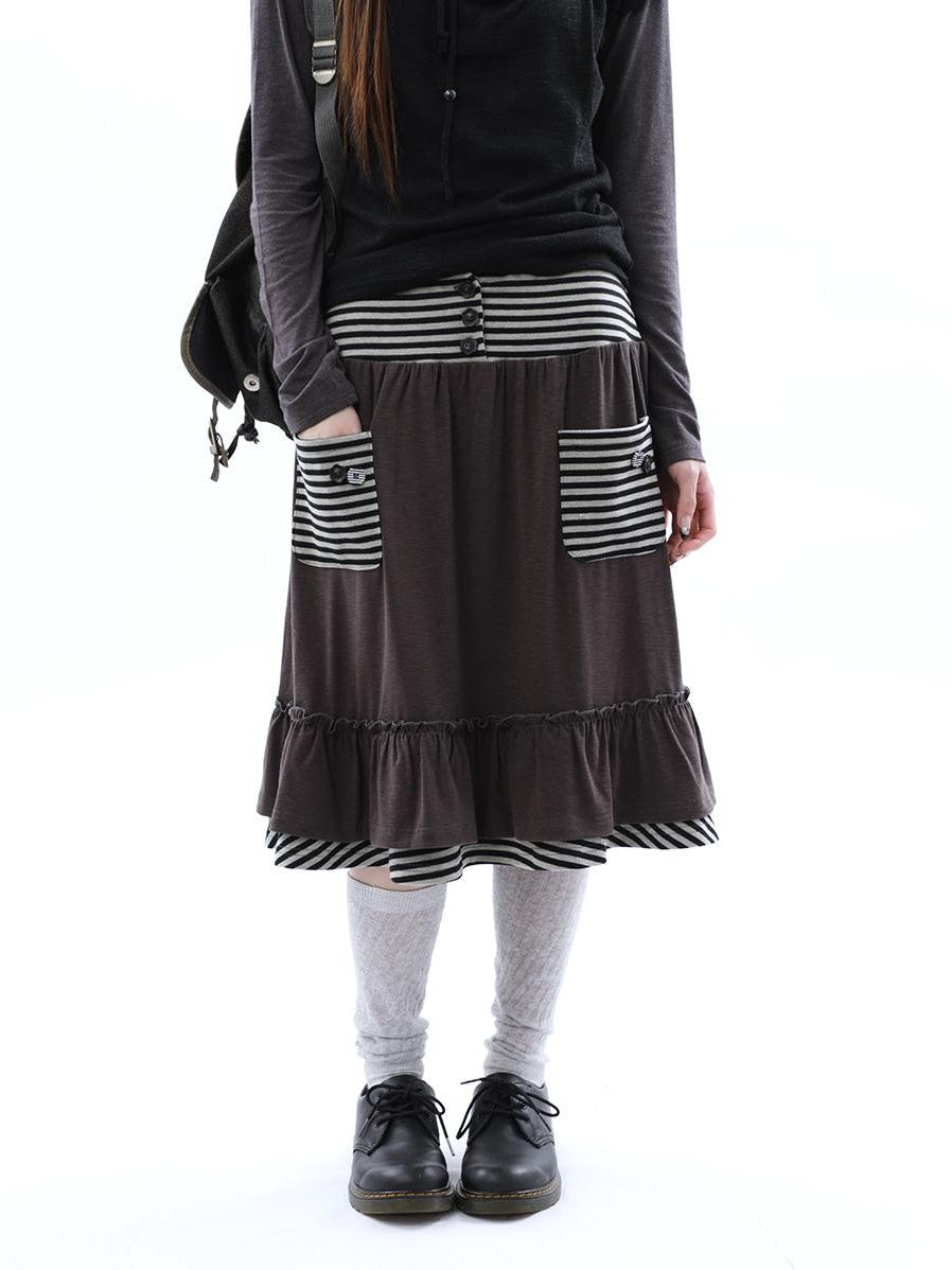 ang project Striped Pleated Pocket Ruffle High Waist Women&