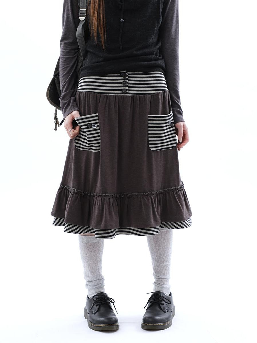 ang project Striped Pleated Pocket Ruffle High Waist Women&