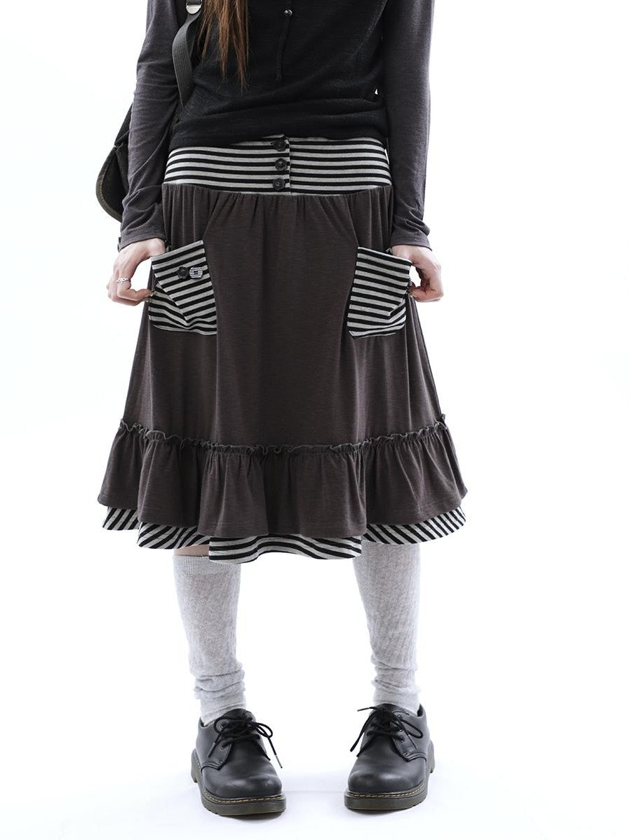 ang project Striped Pleated Pocket Ruffle High Waist Women&