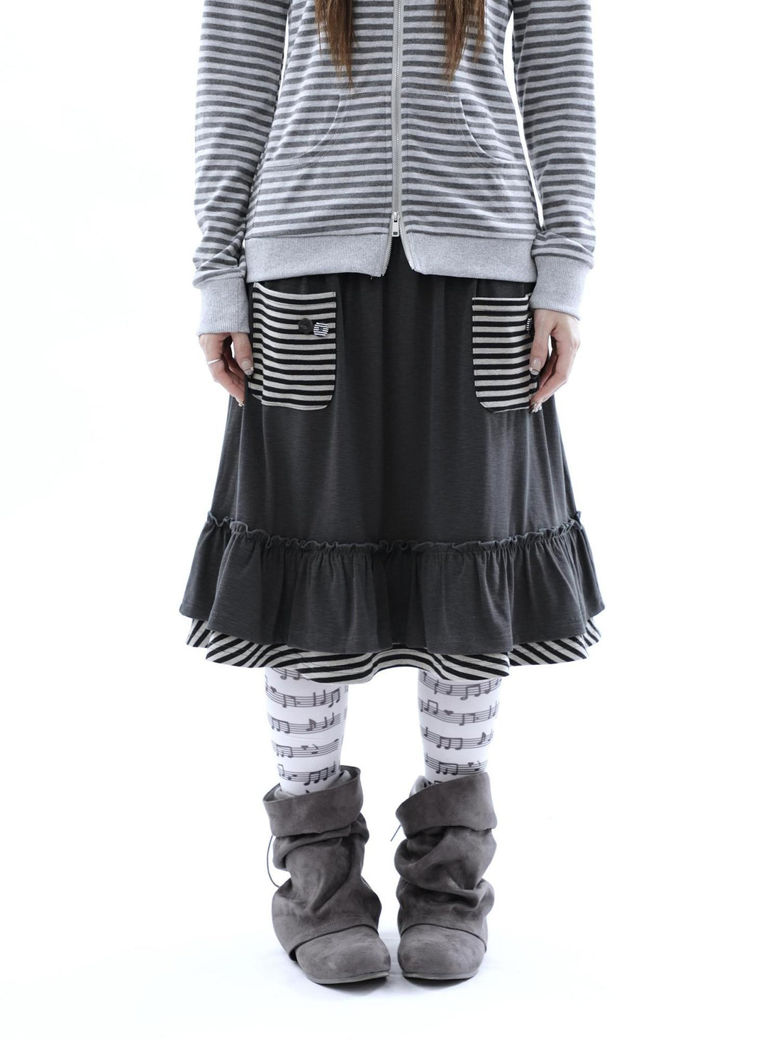 ang project Striped Pleated Pocket Ruffle High Waist Women&