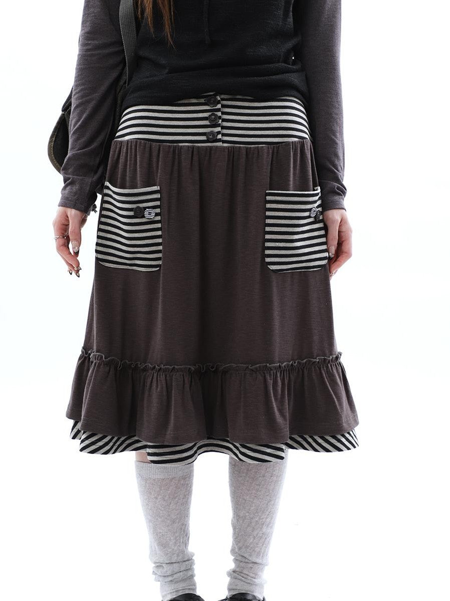 ang project Striped Pleated Pocket Ruffle High Waist Women&