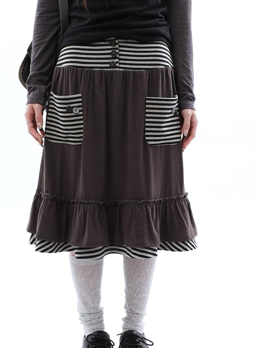 ang project Striped Pleated Pocket Ruffle High Waist Women&