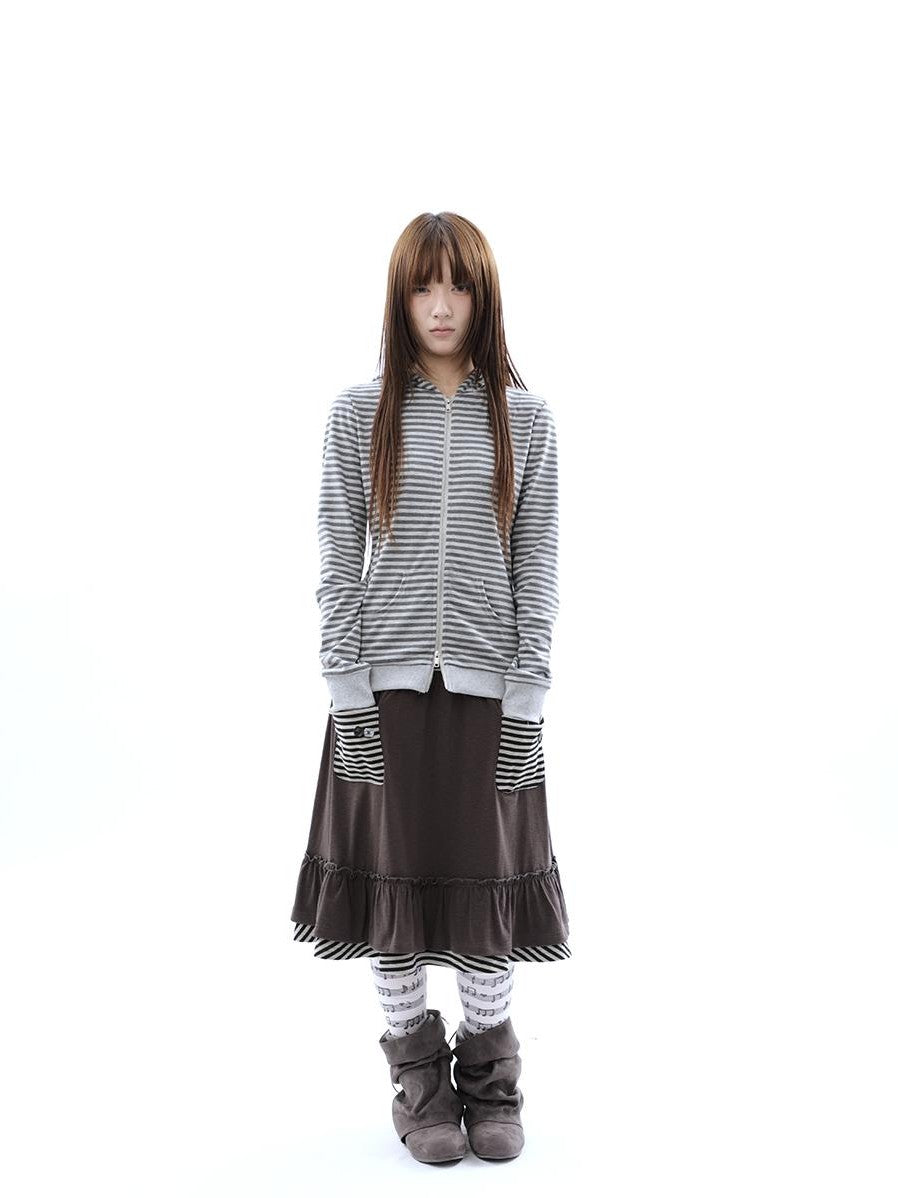 ang project Striped Pleated Pocket Ruffle High Waist Women&