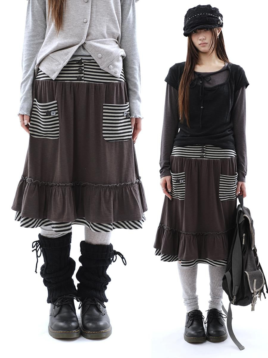 ang project Striped Pleated Pocket Ruffle High Waist Women&