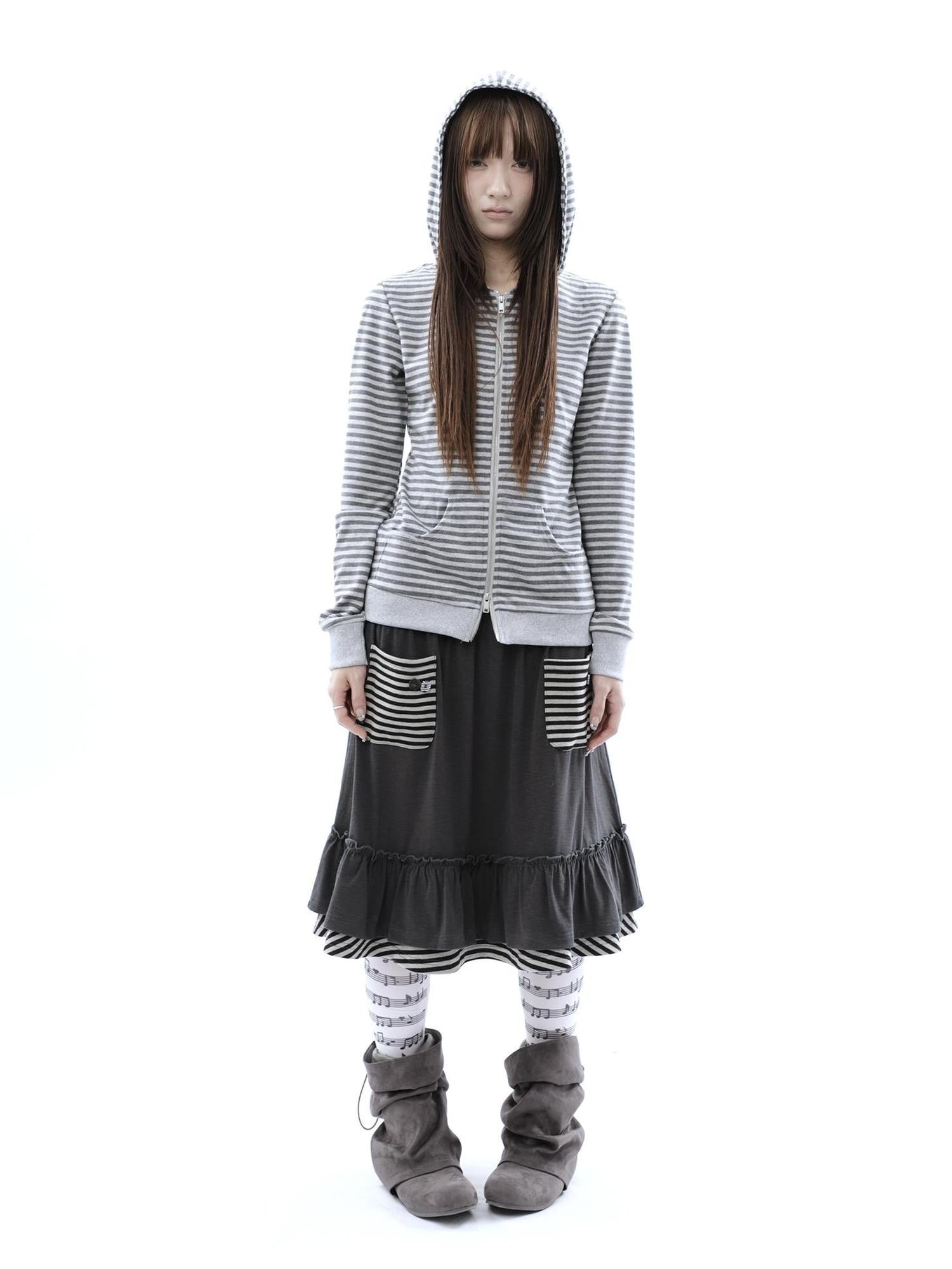 ang project Striped Pleated Pocket Ruffle High Waist Women&