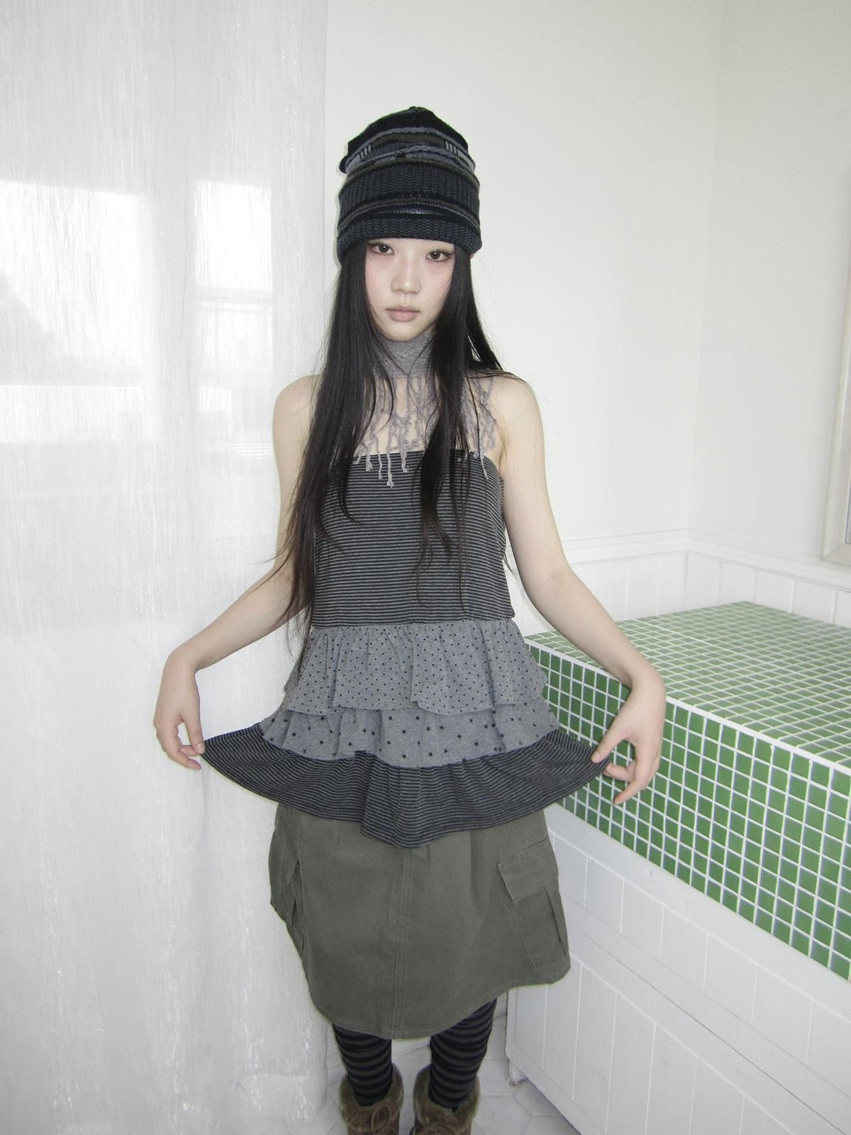 ang project Striped Polka Dot Star Patchwork Layered Hem Women&