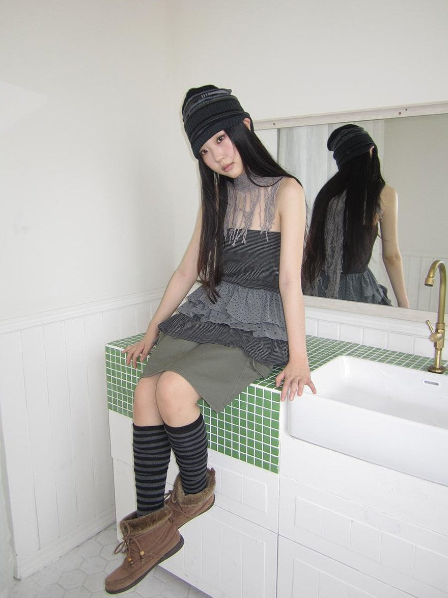 ang project Striped Polka Dot Star Patchwork Layered Hem Women&