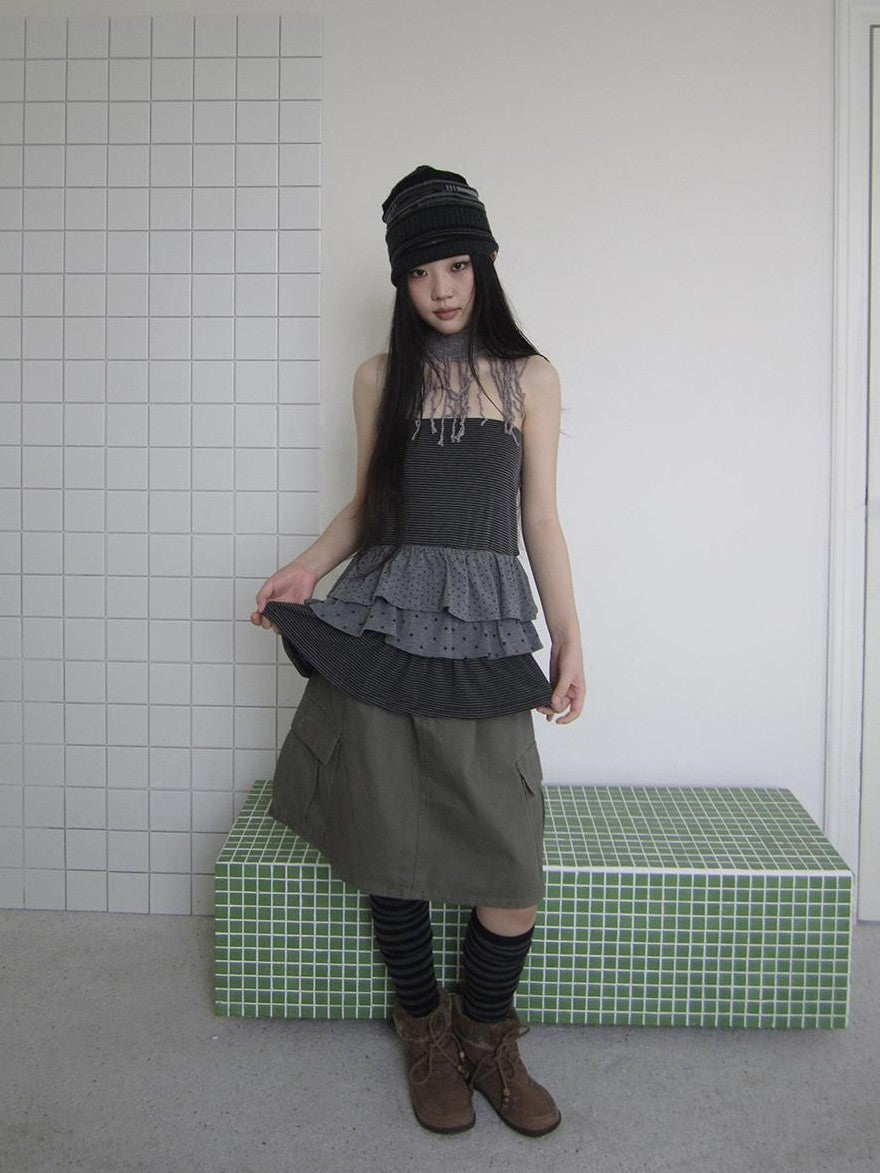 ang project Striped Polka Dot Star Patchwork Layered Hem Women&