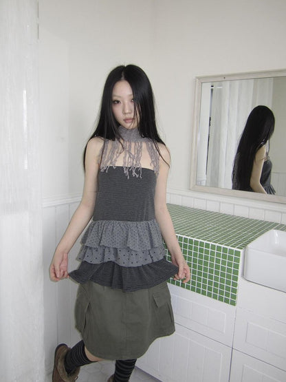 ang project Striped Polka Dot Star Patchwork Layered Hem Women&