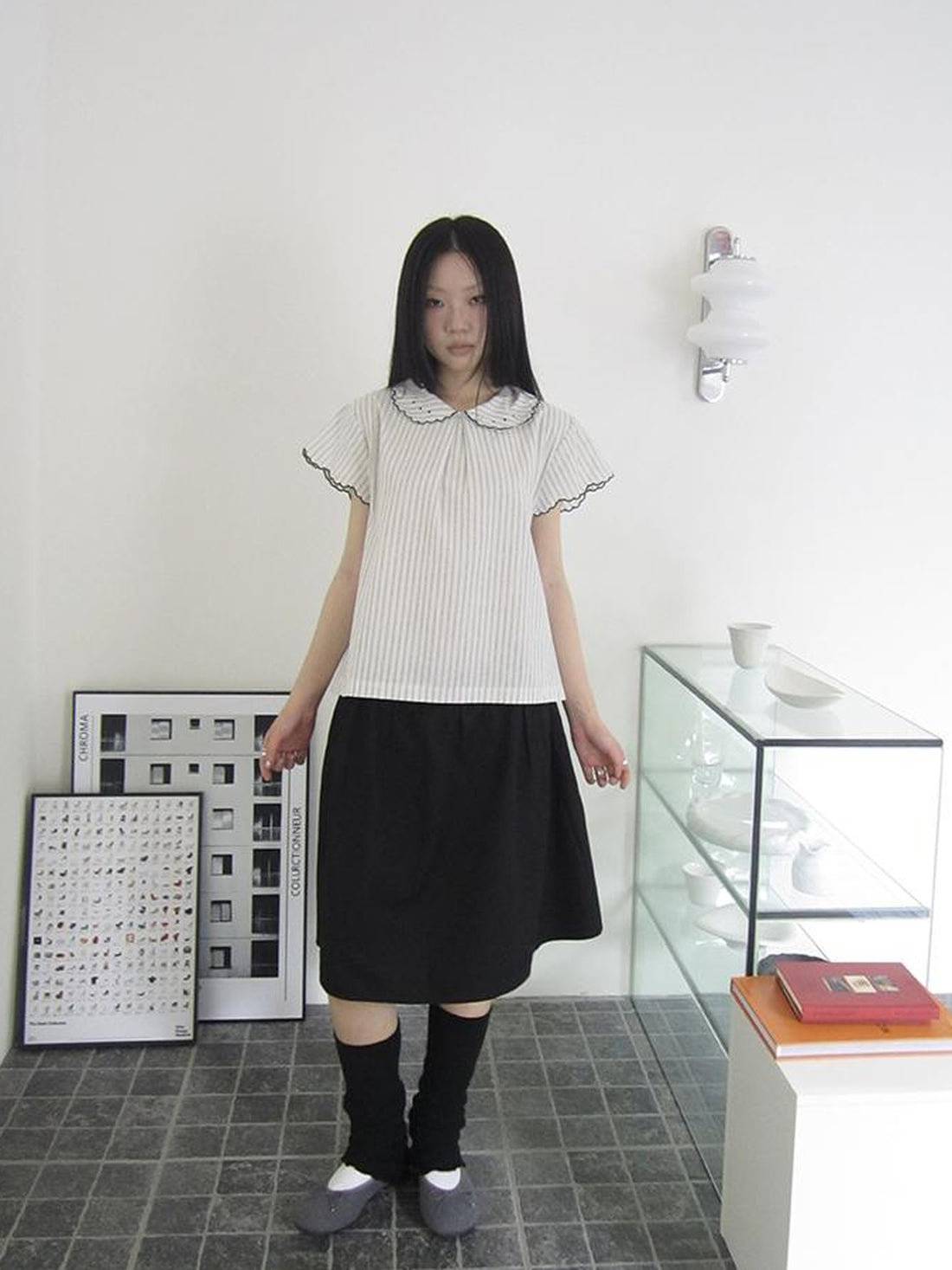 ang project Striped Ruffle Collar Blouse