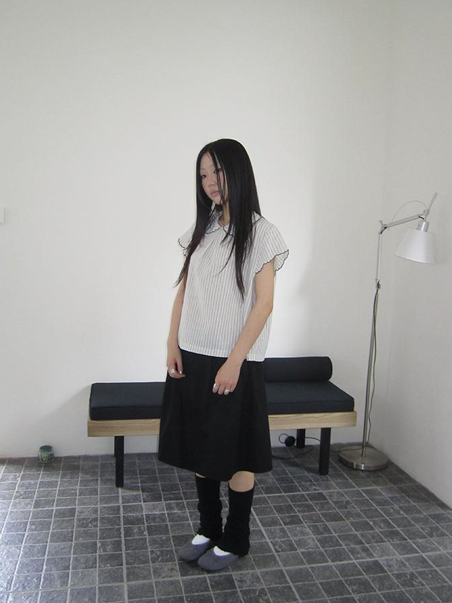ang project Striped Ruffle Collar Blouse