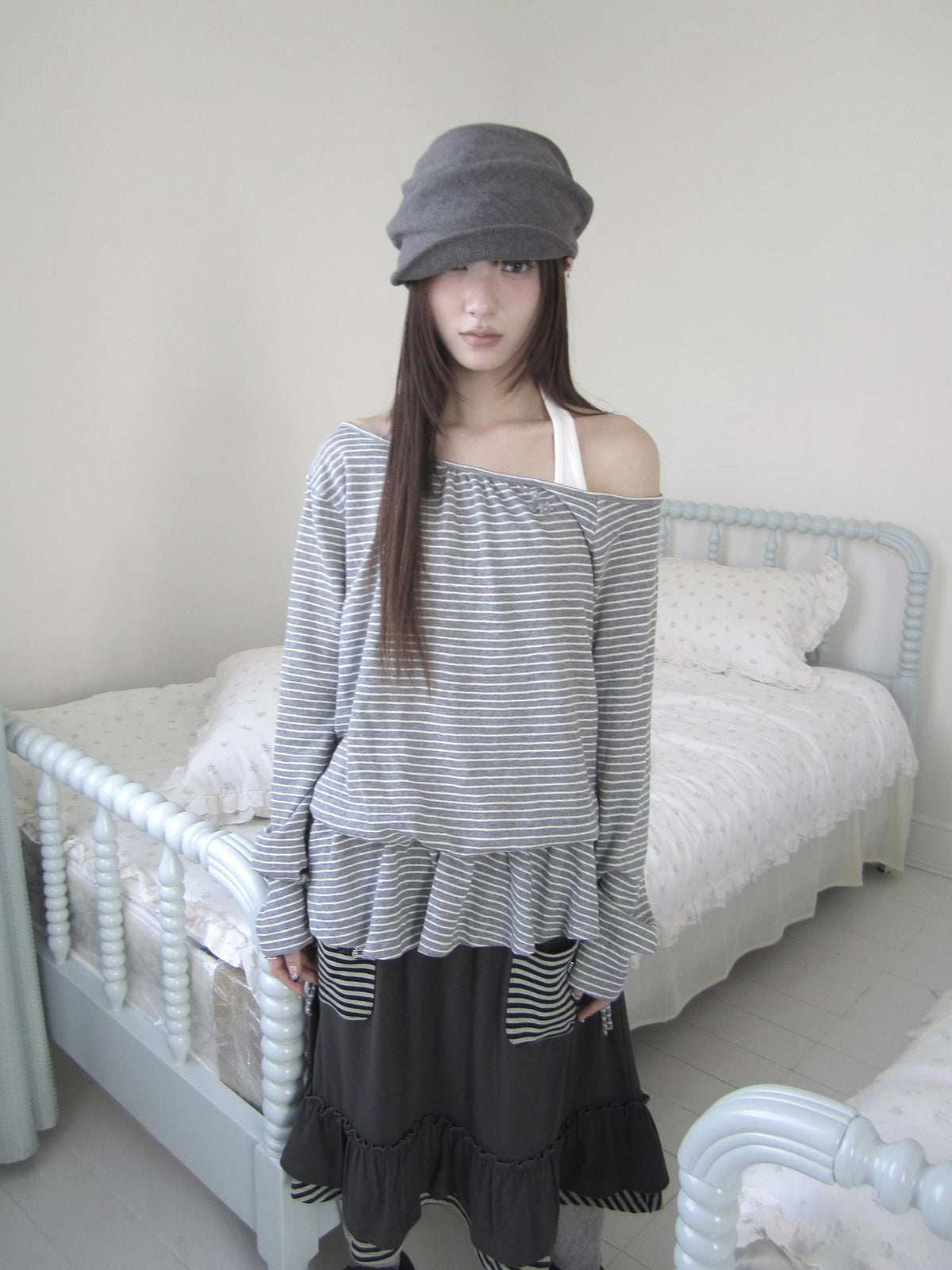 ang project Striped Two Piece Look Off Shoulder Halter Women&