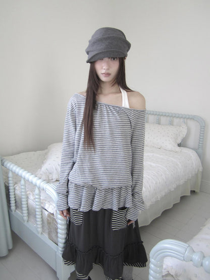 ang project Striped Two Piece Look Off Shoulder Halter Women&