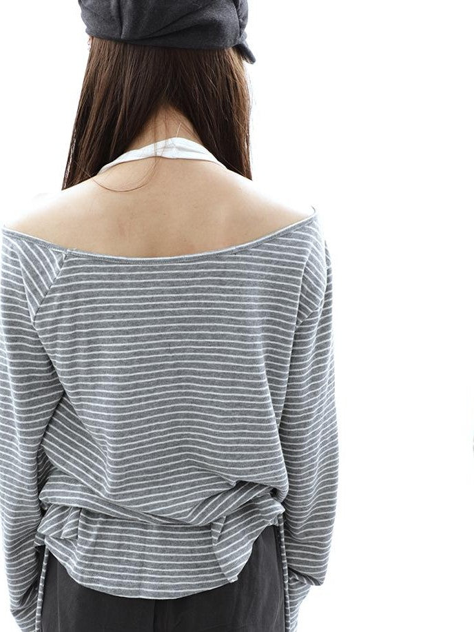 ang project Striped Two Piece Look Off Shoulder Halter Women&