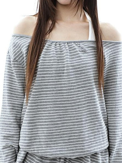 ang project Striped Two Piece Look Off Shoulder Halter Women&
