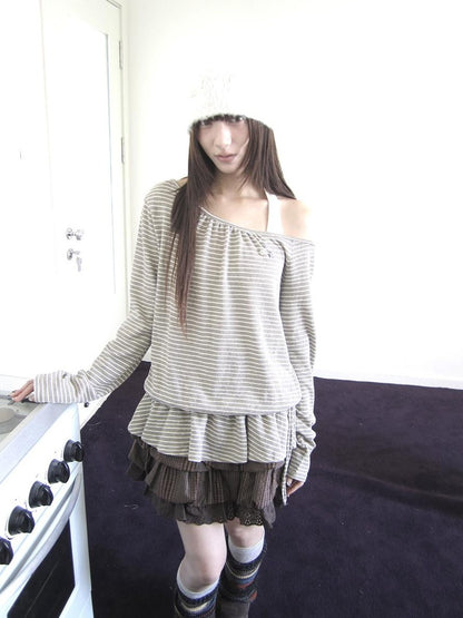 ang project Striped Two Piece Look Off Shoulder Halter Women&