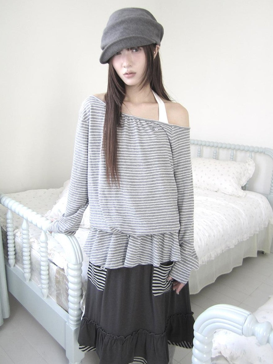 ang project Striped Two Piece Look Off Shoulder Halter Women&