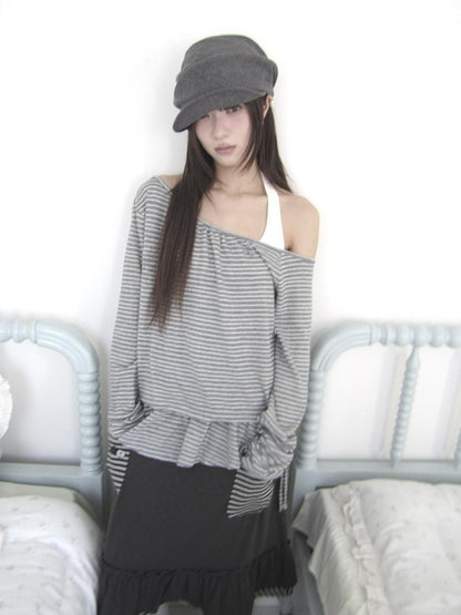 ang project Striped Two Piece Look Off Shoulder Halter Women&