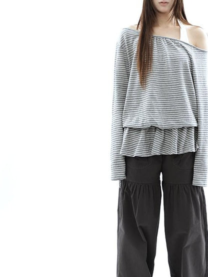 ang project Striped Two Piece Look Off Shoulder Halter Women&