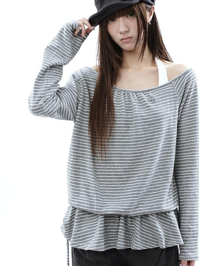 ang project Striped Two Piece Look Off Shoulder Halter Women&