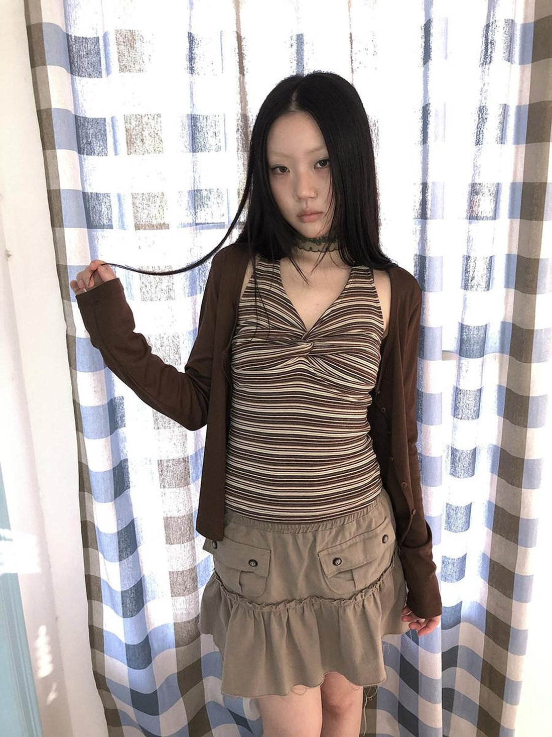 ang project Striped Vintage Cropped V Neck Two Piece Set Women Pullover T-Shirt