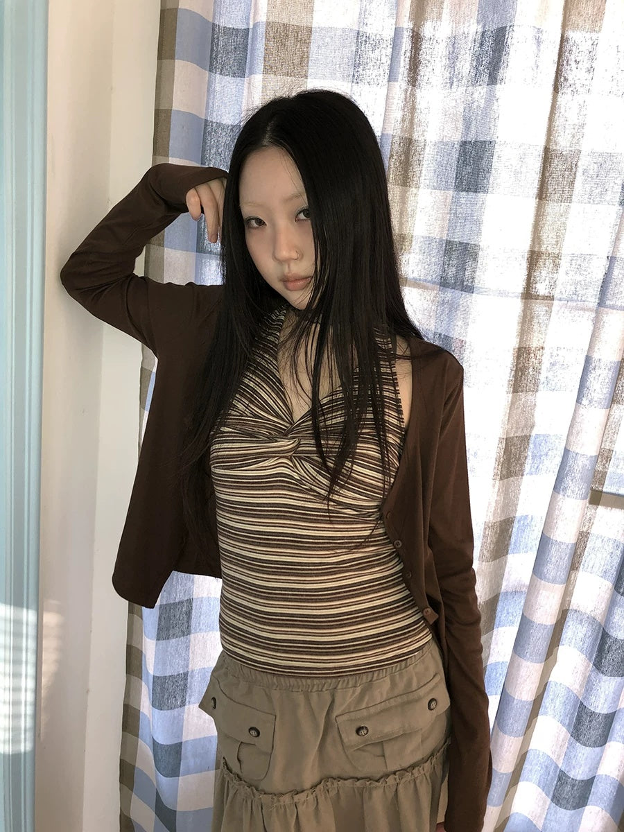 ang project Striped Vintage Cropped V Neck Two Piece Set Women Pullover T-Shirt