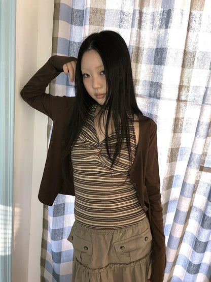ang project Striped Vintage Cropped V Neck Two Piece Set Women Pullover T-Shirt