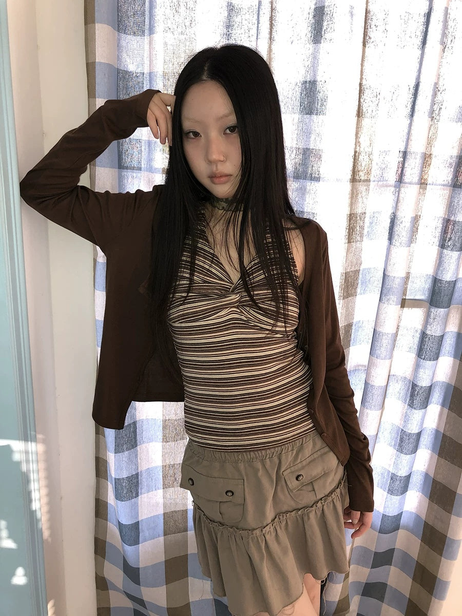 ang project Striped Vintage Cropped V Neck Two Piece Set Women Pullover T-Shirt