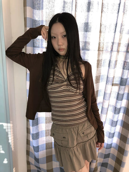 ang project Striped Vintage Cropped V Neck Two Piece Set Women Pullover T-Shirt