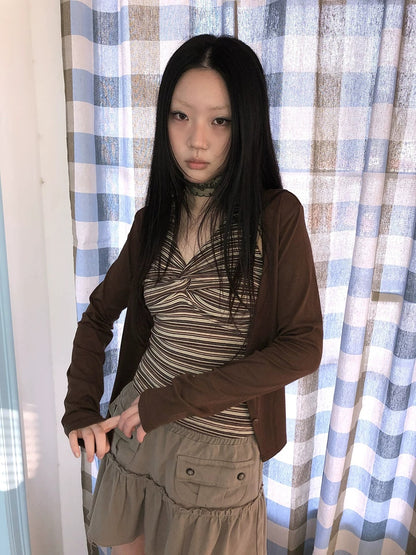 ang project Striped Vintage Cropped V Neck Two Piece Set Women Pullover T-Shirt
