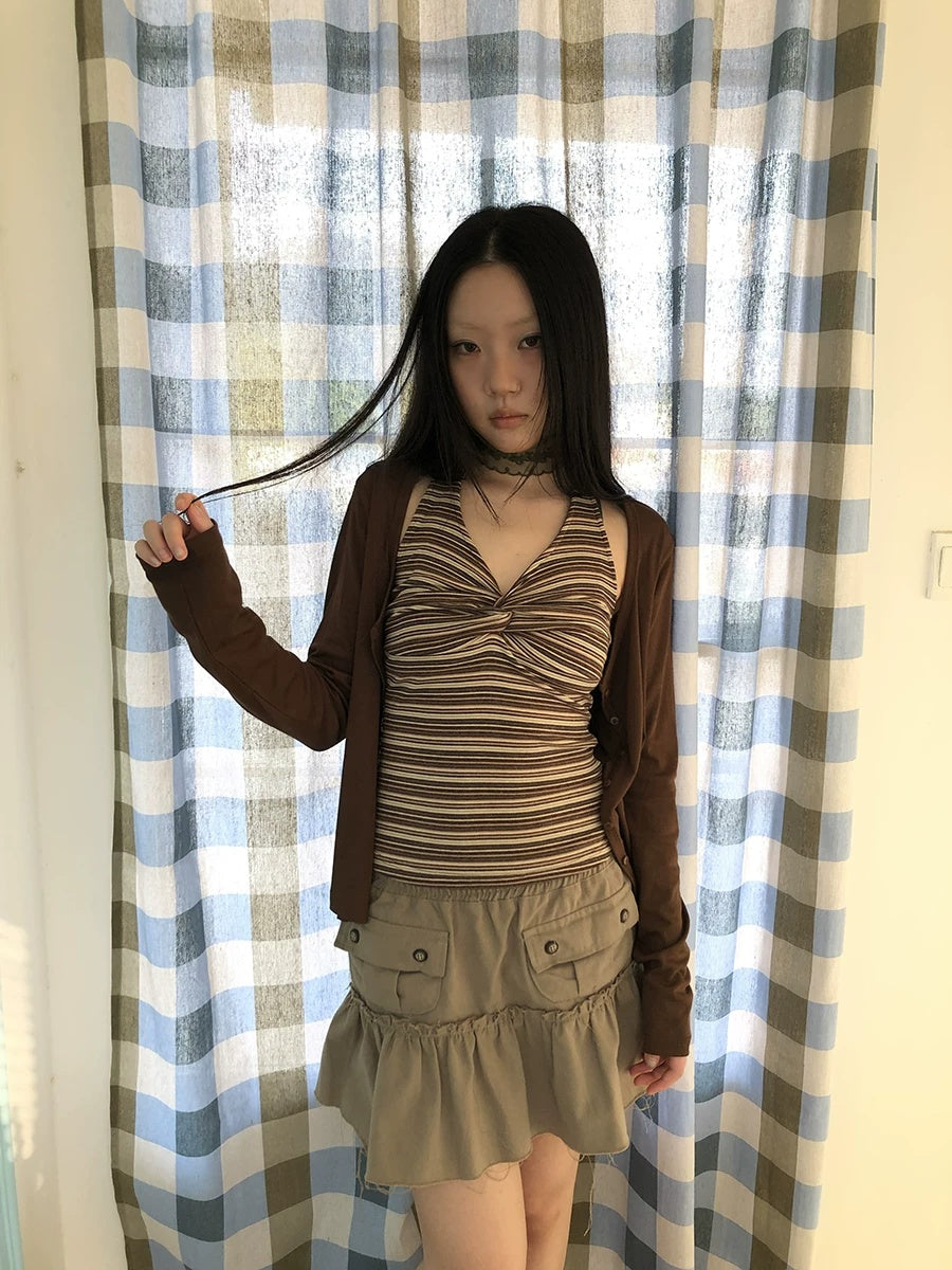 ang project Striped Vintage Cropped V Neck Two Piece Set Women Pullover T-Shirt