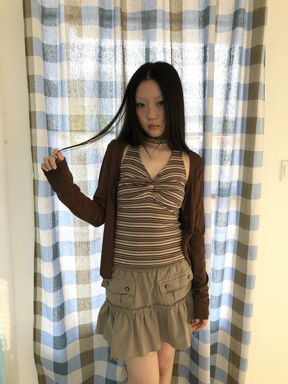 ang project Striped Vintage Cropped V Neck Two Piece Set Women Pullover T-Shirt