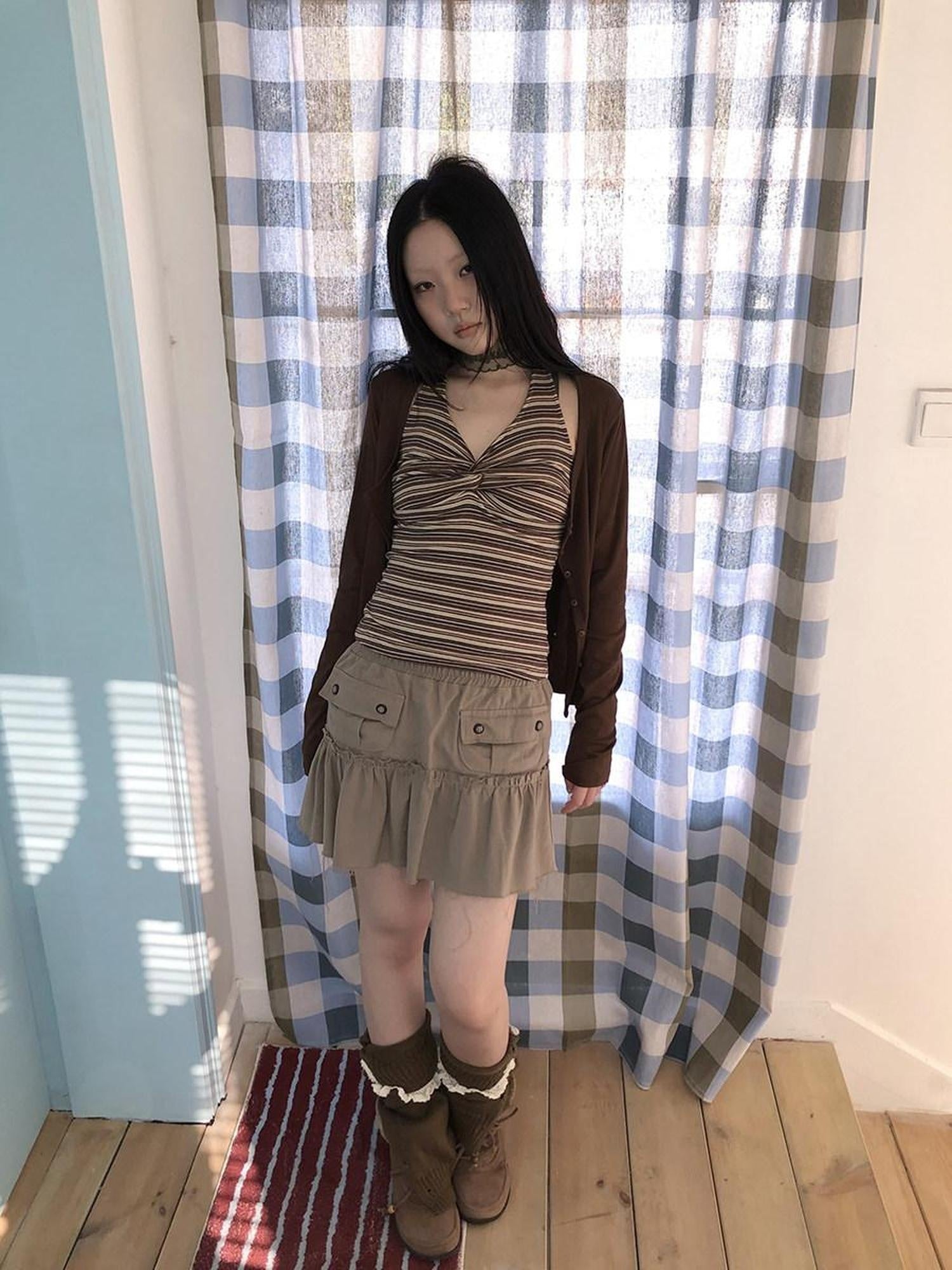 ang project Striped Vintage Cropped V Neck Two Piece Set Women Pullover T-Shirt