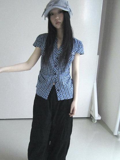 ang project Summer Checkered Polo Waist Fit Short Sleeve Shirt