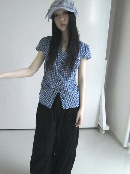 Summer Checkered Polo Waist Fit Short Sleeve Shirt