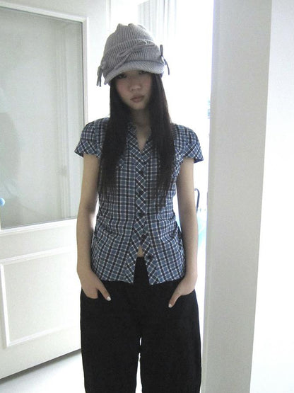 ang project Summer Checkered Polo Waist Fit Short Sleeve Shirt