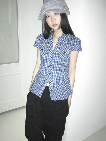 ang project Summer Checkered Polo Waist Fit Short Sleeve Shirt