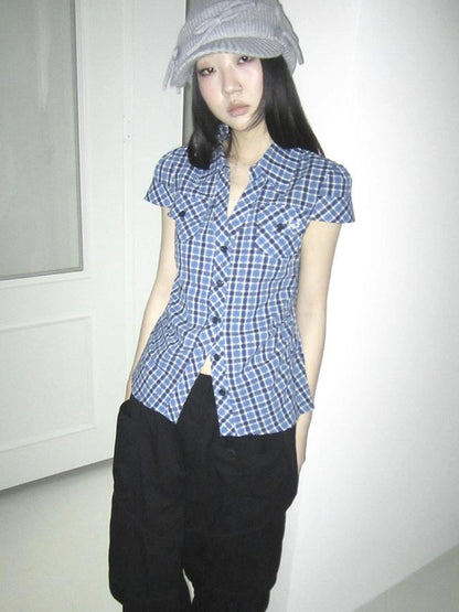Summer Checkered Polo Waist Fit Short Sleeve Shirt