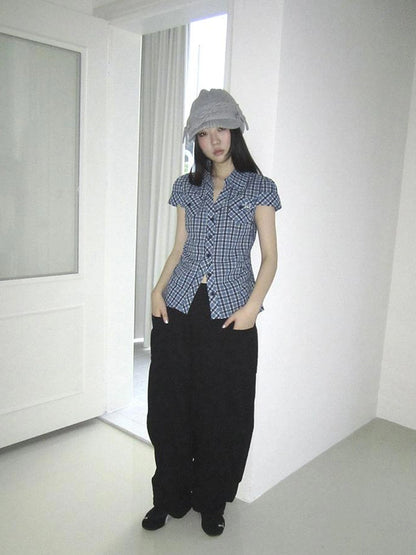 Summer Checkered Polo Waist Fit Short Sleeve Shirt