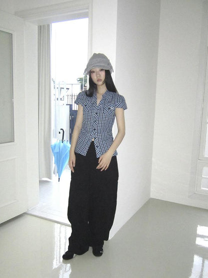 ang project Summer Checkered Polo Waist Fit Short Sleeve Shirt
