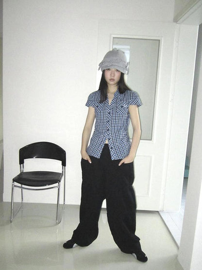 Summer Checkered Polo Waist Fit Short Sleeve Shirt