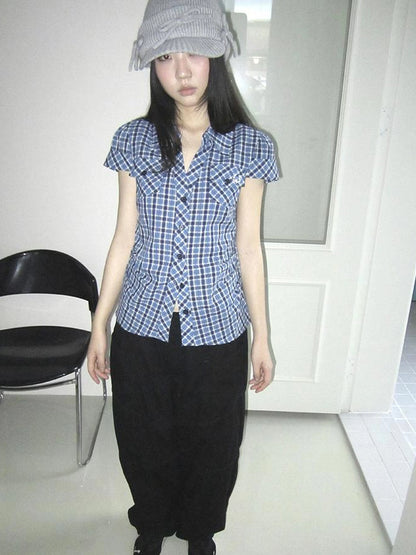 Summer Checkered Polo Waist Fit Short Sleeve Shirt