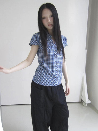 Summer Checkered Polo Waist Fit Short Sleeve Shirt