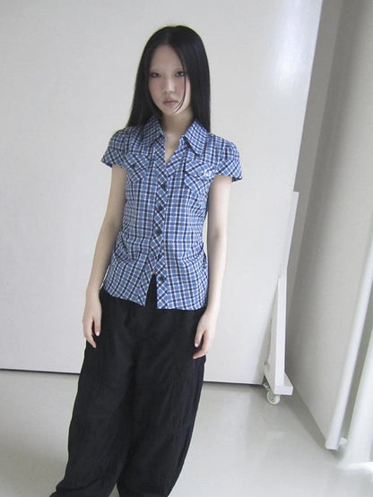 Summer Checkered Polo Waist Fit Short Sleeve Shirt