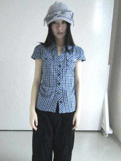 ang project Summer Checkered Polo Waist Fit Short Sleeve Shirt