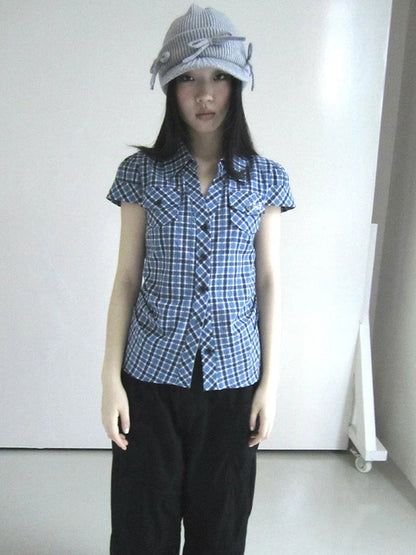 Summer Checkered Polo Waist Fit Short Sleeve Shirt