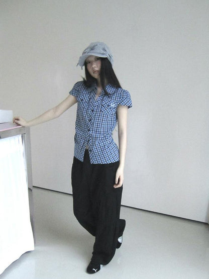 ang project Summer Checkered Polo Waist Fit Short Sleeve Shirt