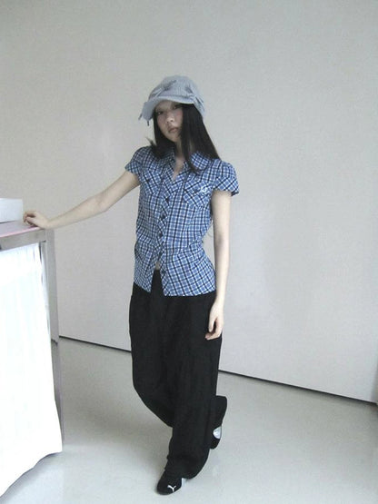 Summer Checkered Polo Waist Fit Short Sleeve Shirt