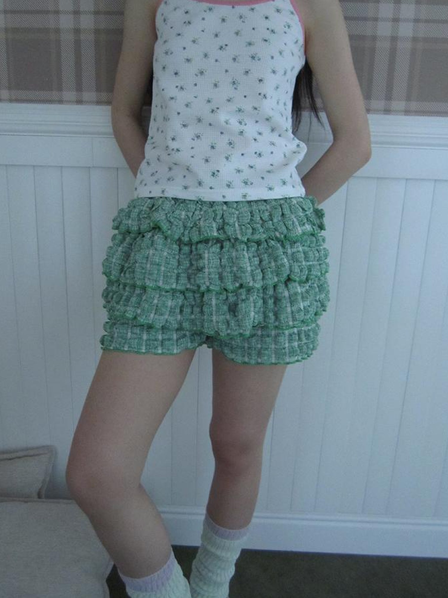 ang project Summer Dopamine Green Plaid Ruffle Cake Skort