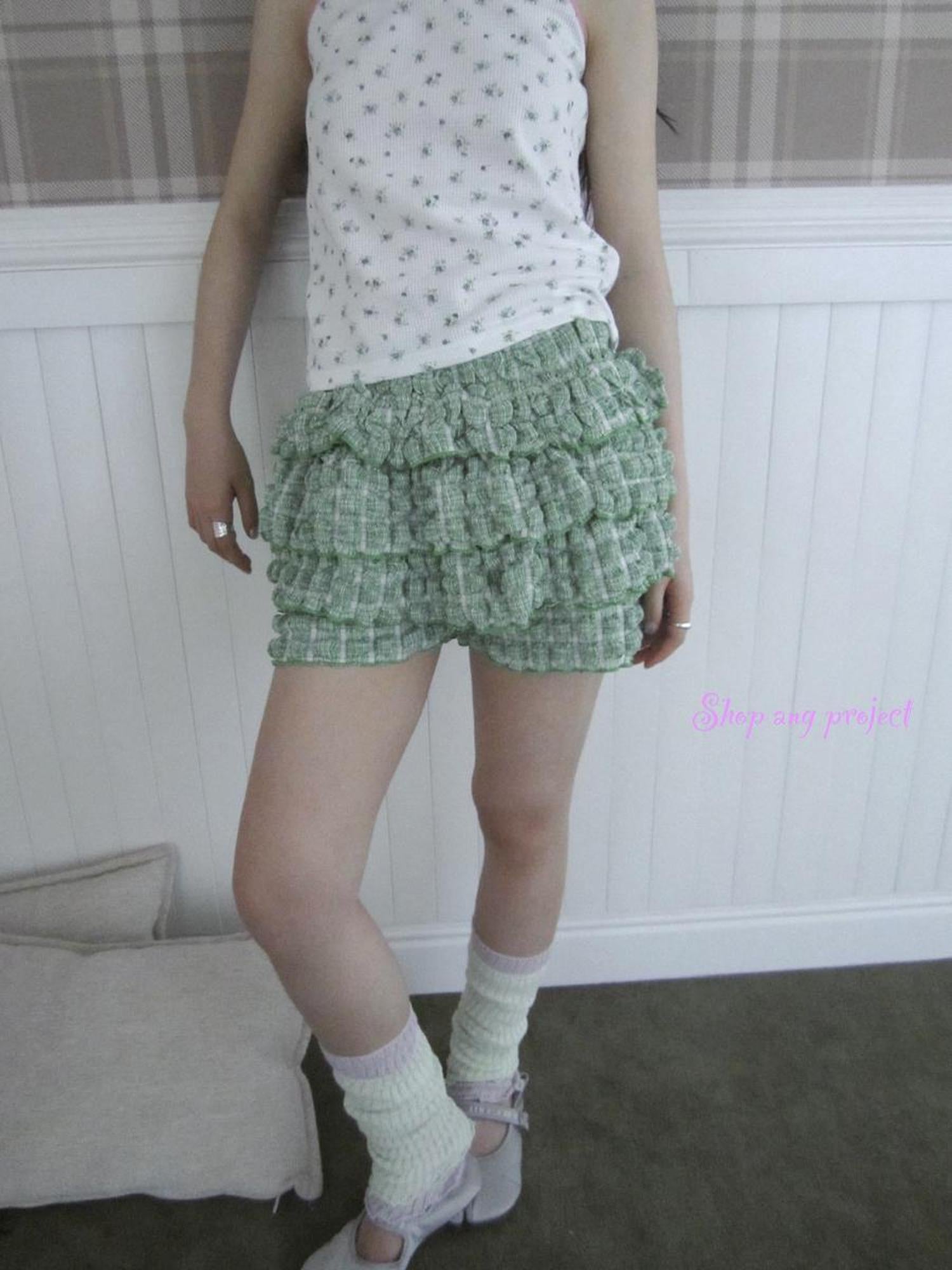 ang project Summer Dopamine Green Plaid Ruffle Cake Skort